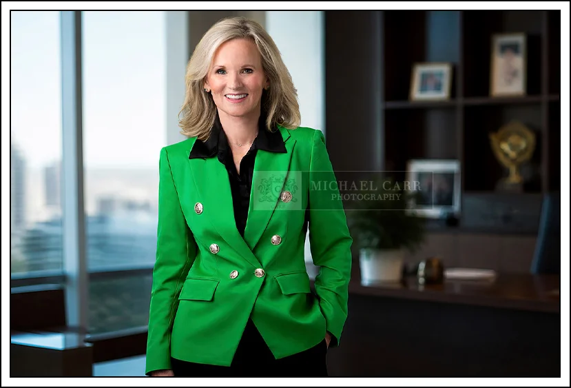 Houston personal branding portrait of businesswoman in green blazer