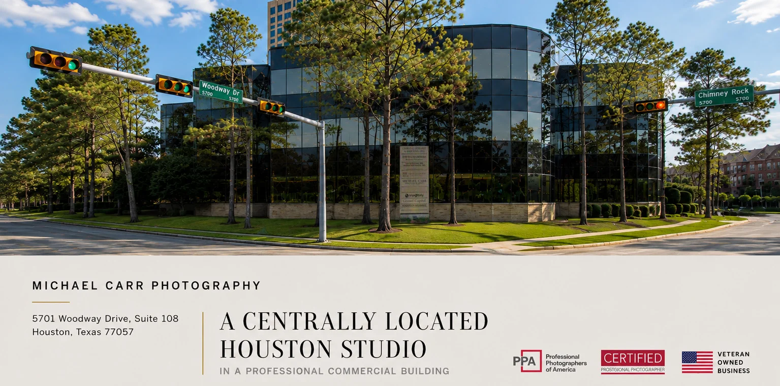 Houston Headshot Photographer Michael Carr Photography studio at 5701 Woodway Drive, Suite 108 in Houston, Texas, at the corner of Woodway Drive and Chimney Rock