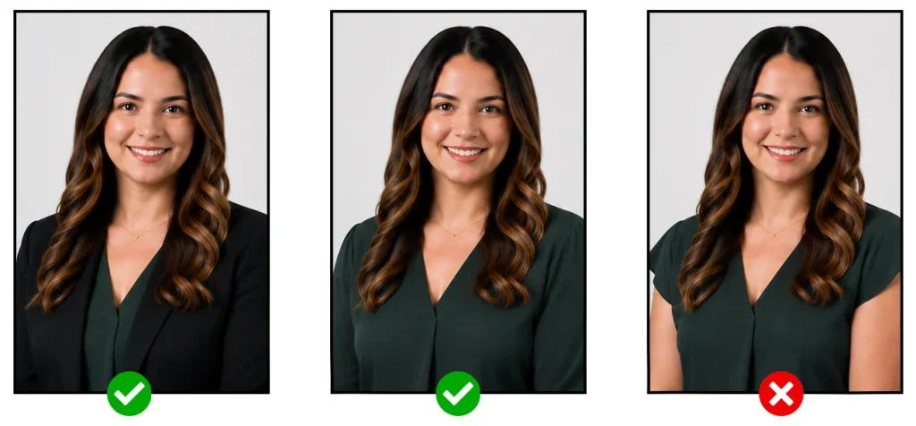 Woman wearing a professional blazer over a green blouse for a business portrait